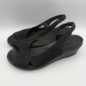 Crocs Leigh Ann Wedge Sandals Womens 9 Black Canvas Slingback Peep Toe 204948